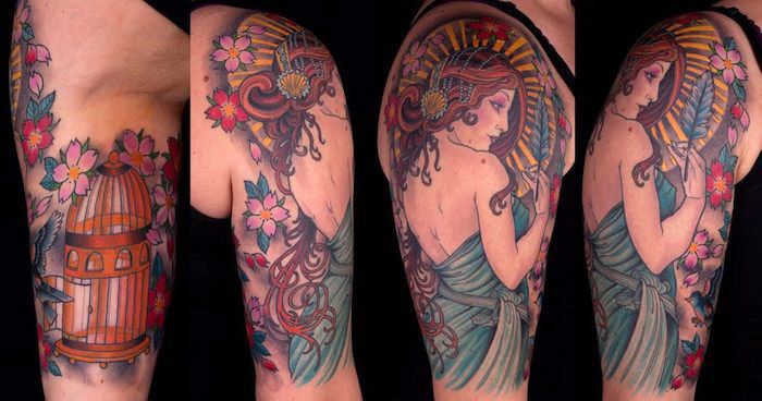 flori de cireșe de tatuaj, tatuaj pe braț, gri cu rochie de stil grecesc, în combinație cu păsări de aur