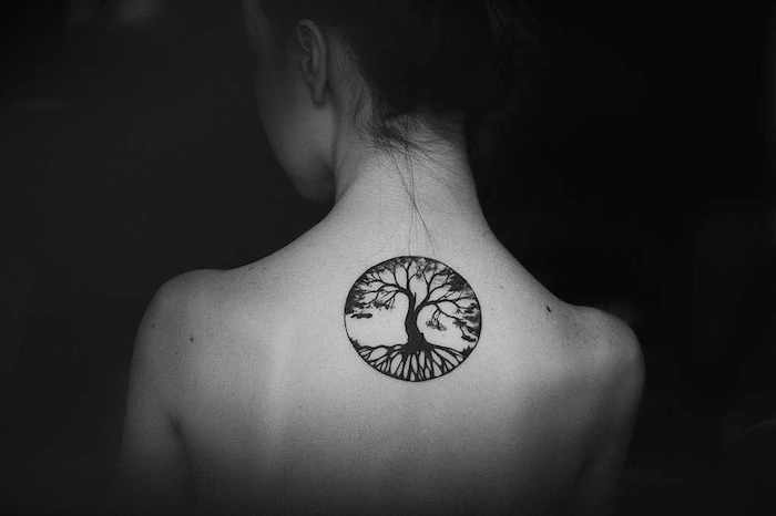Celtic tatuaj într-o formă rotunjită Copac cu frunze mici pe spate
