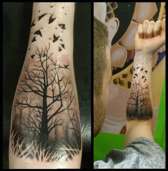 Arbore de tatuaj de viață într-o pădure cu păsări care zboară pe antebraț