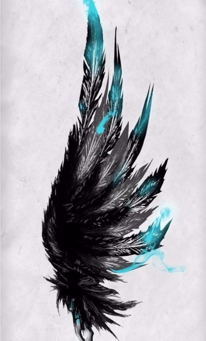 Šablonas tatuiruotėms, sparnai su juodomis ir mėlynomis plunksnomis