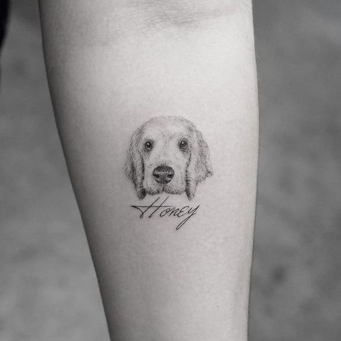 permanentny rysunek skóry, biały pies o imieniu Honey