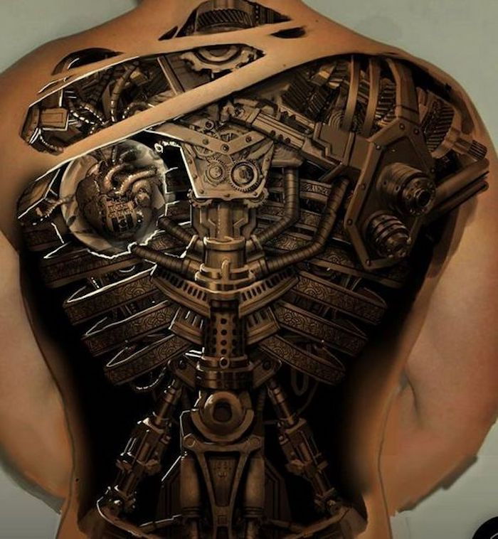 tattoo motieven mannen, tattoo de hele achterkant, biomechanische tattoo