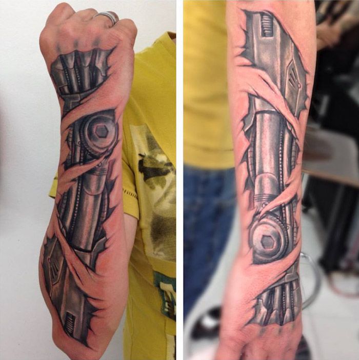 tattoo motieven mannen, zwart en grijs 3d tattoo, cyborg tattoo