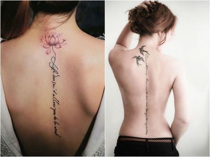 Tattoo ordstäv på baksidan, rosa lotusblomma, svarta fåglar
