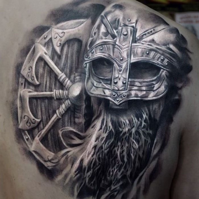 vikinger tatovering, rygg, tatovering, viking, våpen