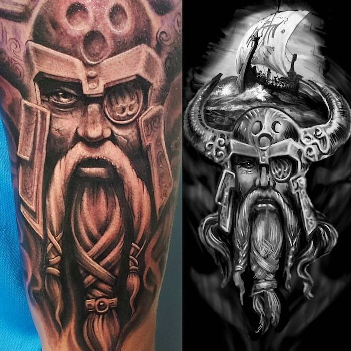 črno-bela tattoo predloge, viking, čelada, dolga brada
