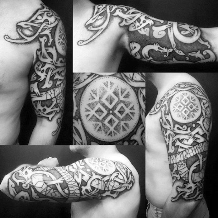 vikings tatovering, arm tatovering med mange elementer, arm tatovering