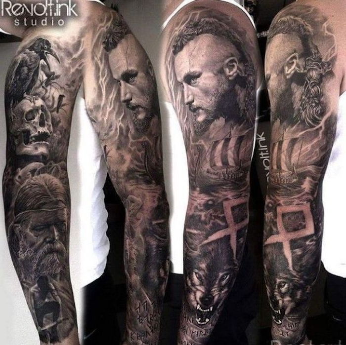 vikings tatovering, mann, ulv, fugl, tatovering erme, erme