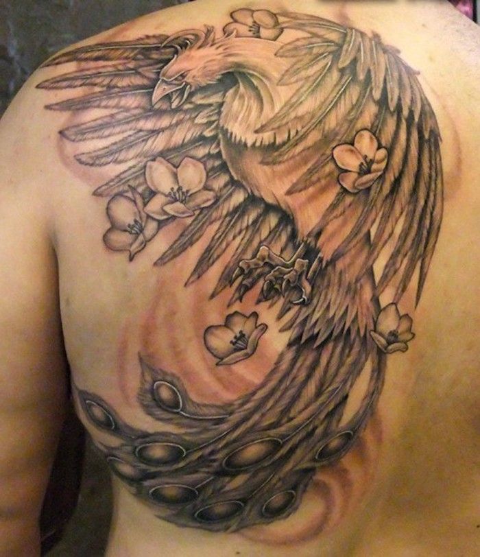 scapula tattoo - en mann med en svart tatovering med en stor svart flygende phoenix med to vinger med svarte og hvite fjær - phoenix tatovering med hvite blomster