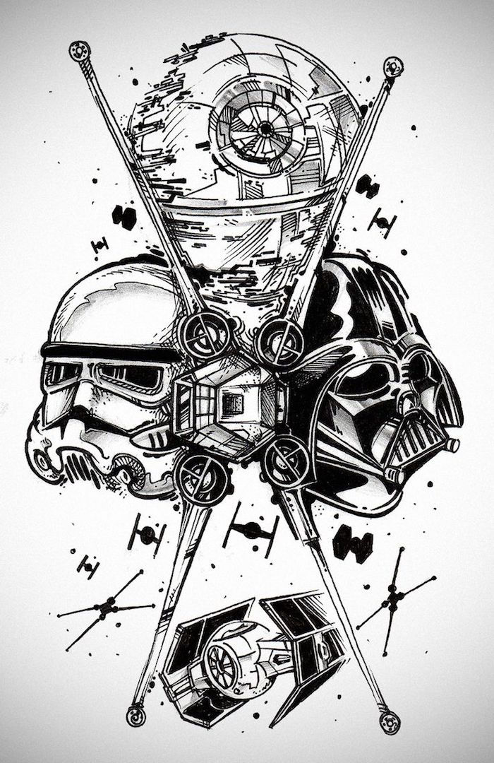 Un tatuaj cu vader negru darth, o clonă albă, roboți de război stele și nave spațiale și stele care zboară
