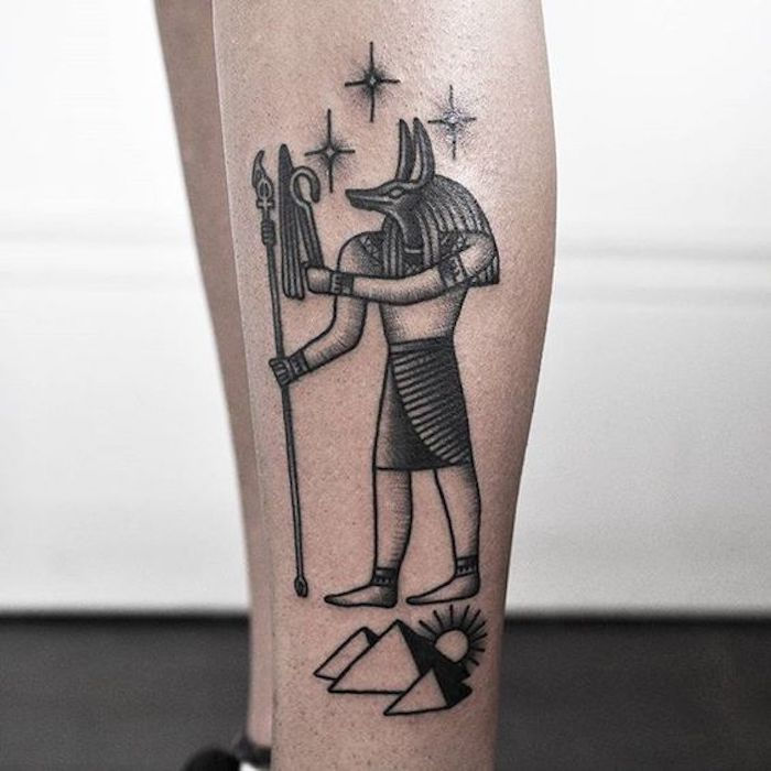 Egipto mirties dievo tatuiruotė - egiptiečių simboliai ir žvaigždė juodoji tatuiruotė
