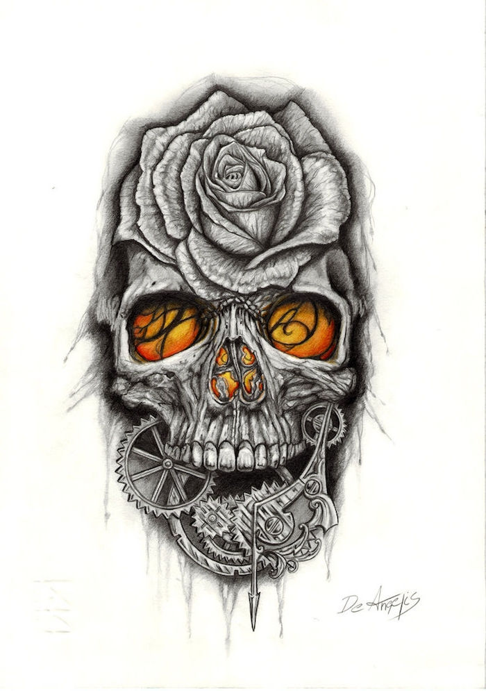 tatuaż czaszki z różami - szara czaszka z pomarańczowymi oczami i szara wielka róża - skiyye z tatuażem