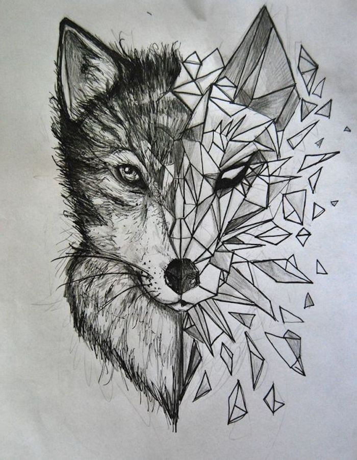 Brėžinys su juodu pieštuku, vilkas, geometrinis gyvūno tatuiruotė