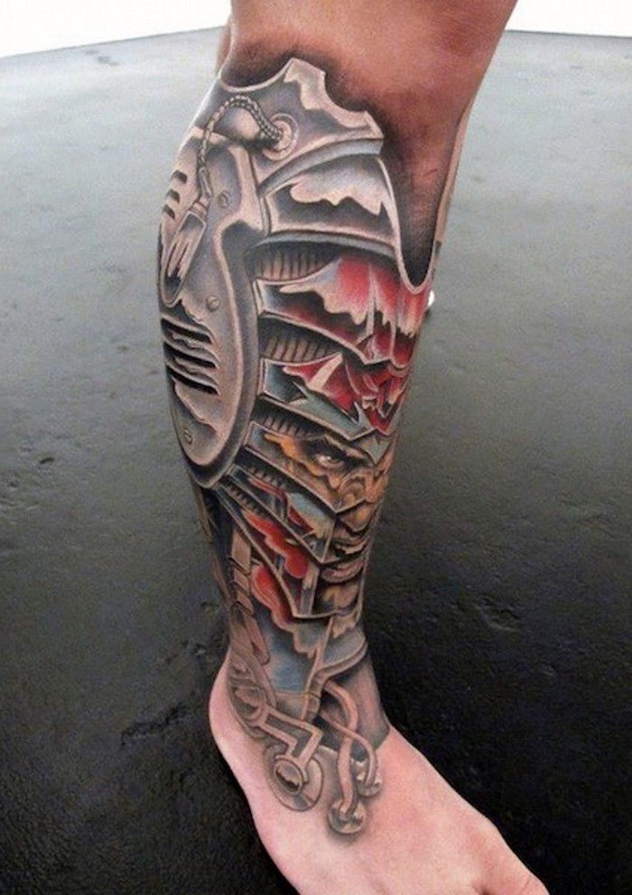 tattoo been, tatoeages voor mannen, 3d tatoeage met machine-onderdelen