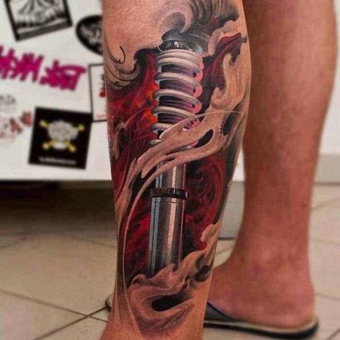 tattoo noga, obarvana biomehanska tetovaža, 3d tatoo