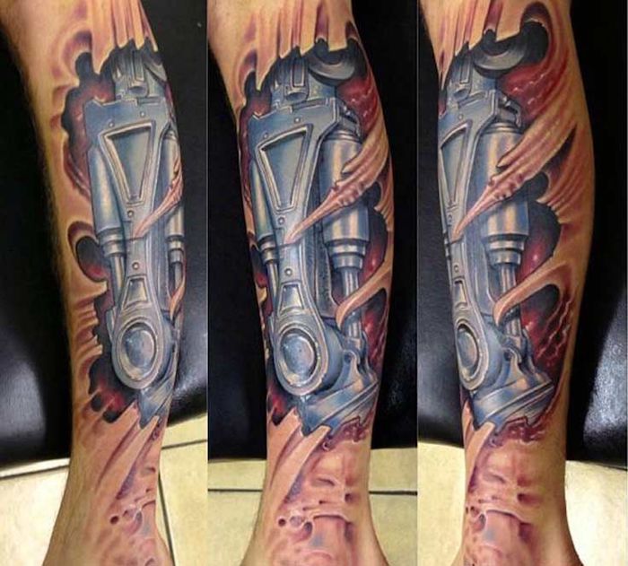 tattoo noga, realistična obarvana biomehanska tetovaža