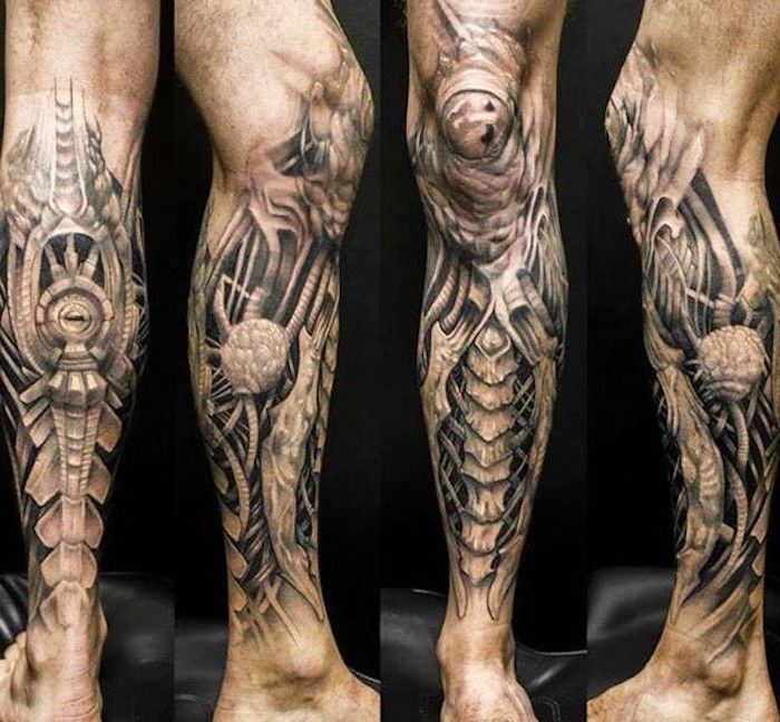 Moške tetovaže, tetovaže biomase v črni in sivi barvi na nogi
