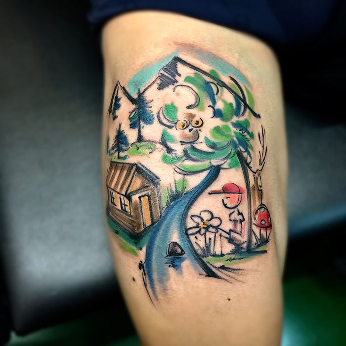 o zonă montană, o cabană și un băiat de ședere - compoziție de tatuaj acuarelă
