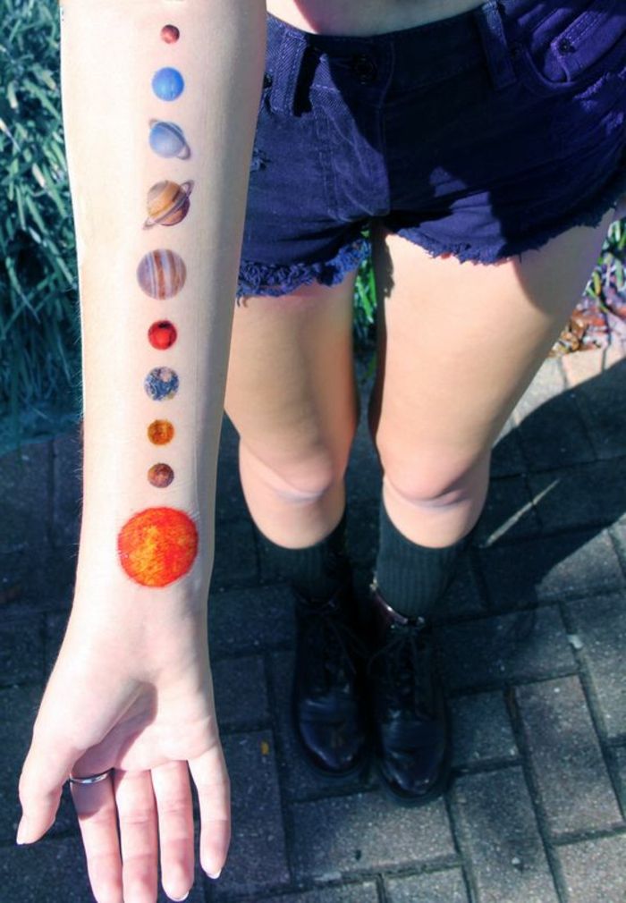 frumos tatuaje cosmos sistem solar toate planetele de la sistemul nostru Venus Marte mână pământ soare