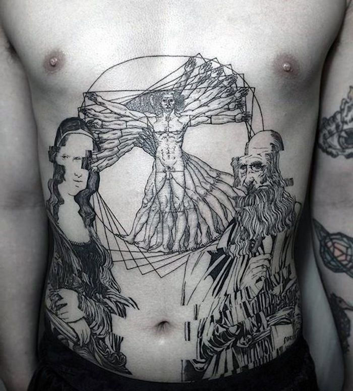 Człowiek z trzema tatuażami brzucha, sztuką, ozdobą skóry, klatką piersiową bez włosów