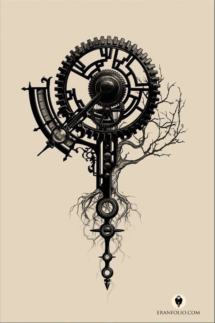 Kompas, mechanizm, filar, drzewo bez liści z długimi korzeniami
