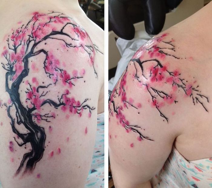 Declarație de tatuaj, cireș cu flori roz pe umăr, tatuaje pentru femei