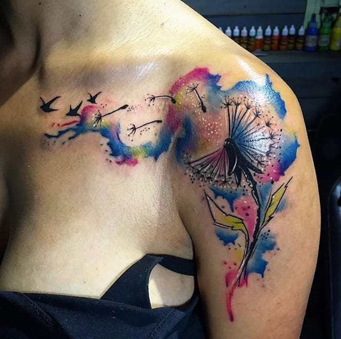 tatuaj pe umar, femeie cu tatuaj acuarela cu motive florale