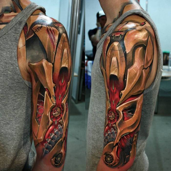Tatoeages bovenarm, driedimensionale tatoeage met felle kleuren