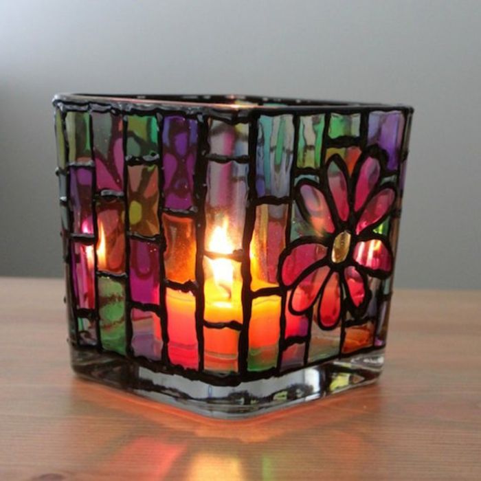 tealight, vidro colorido com flores, pintura, pintura de vidro
