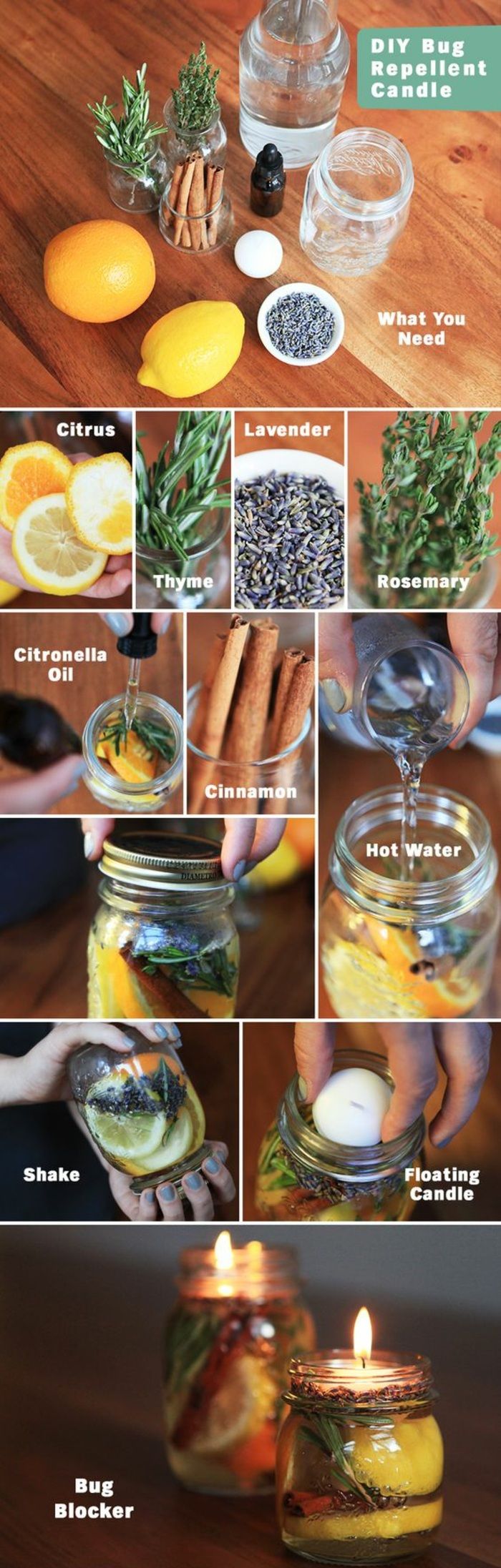 Faça suas próprias velas flutuantes com conservas de frascos, limão, laranja, sementes de chia