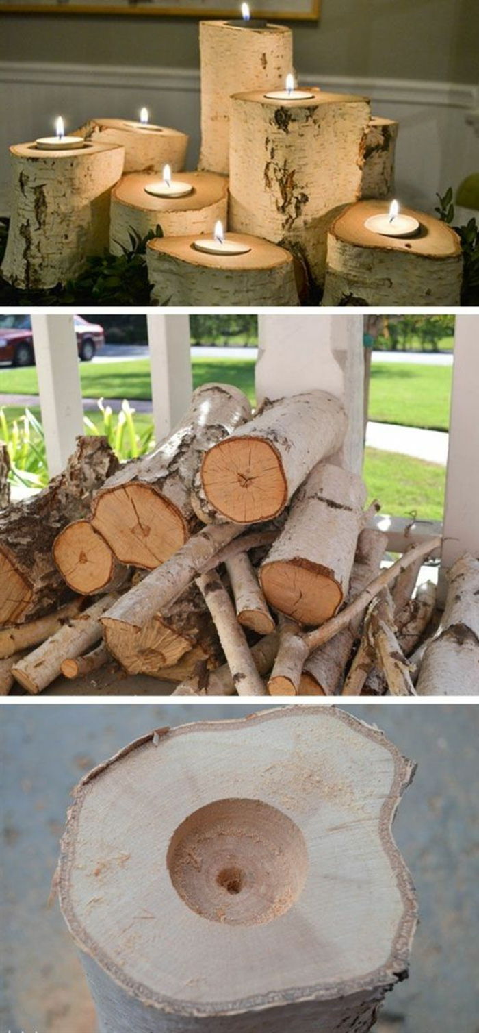 grandes ramos, madeira, casca, tealight, decoração diy