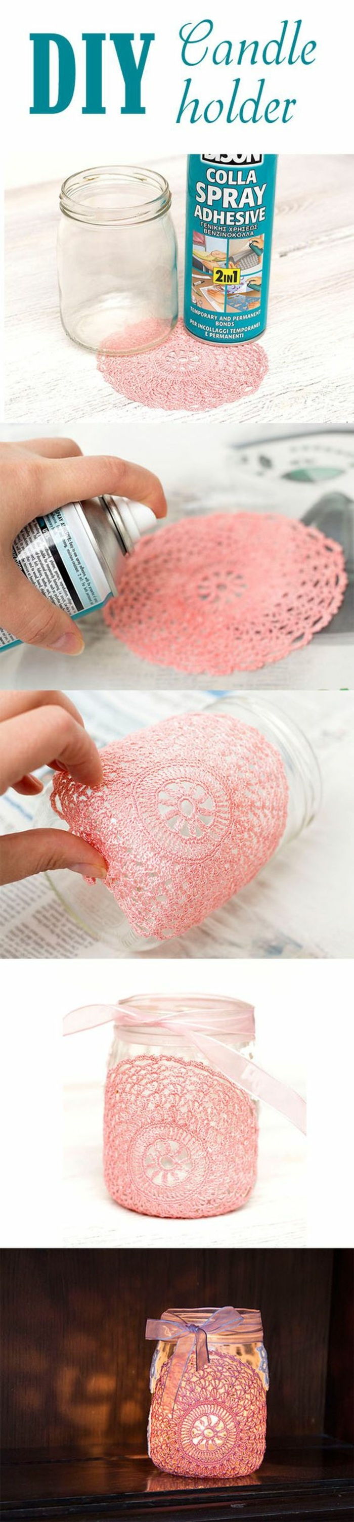 Theelichtjes gemaakt van uni-glas en roze kant