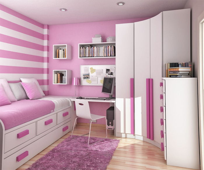 rožinės sienos, dryžuotų sienų, apvalaus spintelės jaunimo kambarys mergaitėms - gražus kambarys