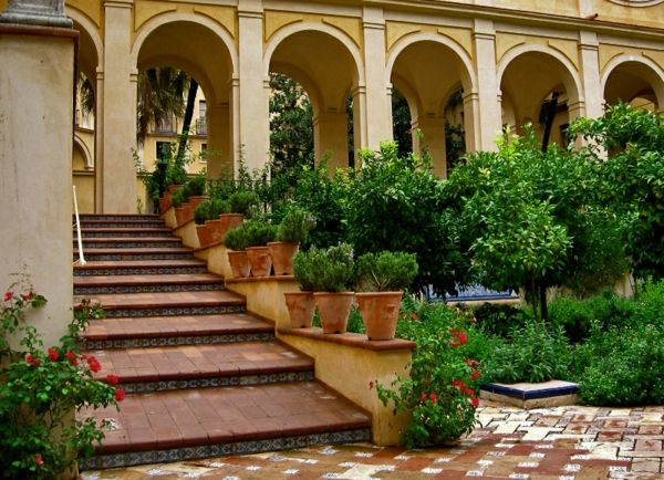 projeto do jardim com escadas de telhas e plantas verdes