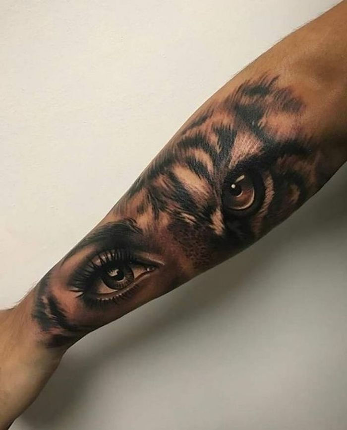 tatuaggio testa di tigre, tatuaggio braccio, donna, occhi, tatuaggio