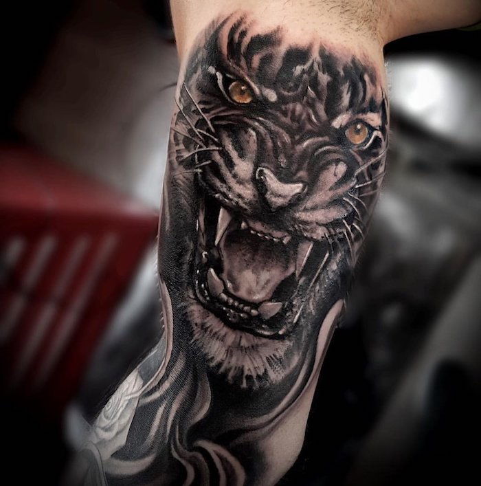 tiger huvud tatuering, arm tatuering, arm tatuering, orange ögon