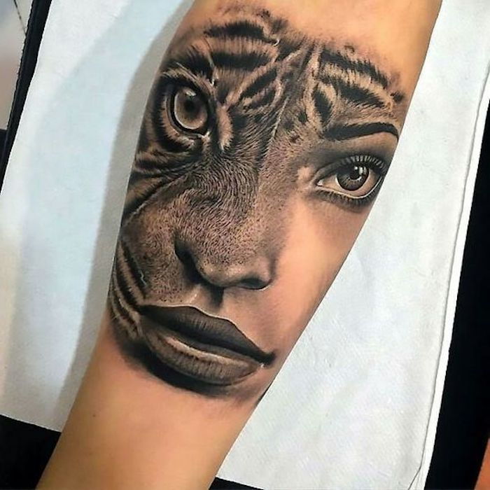 tiger huvud tatuering, arm tatuering, tatuering i svart och vitt, kvinna