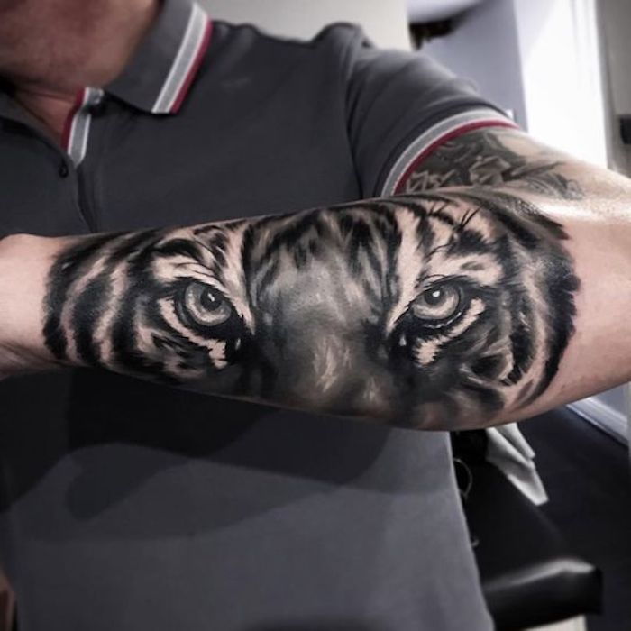 tatuaggio testa di tigre, t-shirt grigia, uomo, braccio, tatuaggio del braccio