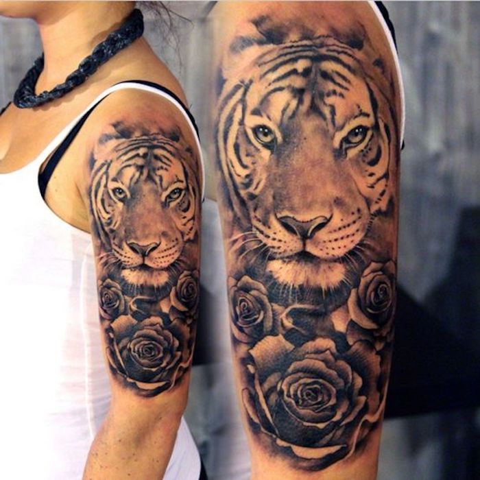 tigerhuvud tatuering, rosor, svart halsband, kvinna, övre arm tatuering