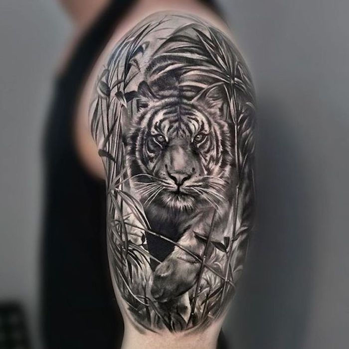 Tatuaggio con testa di tigre, uomo, tatuaggio sul braccio superiore, tatuaggio del braccio