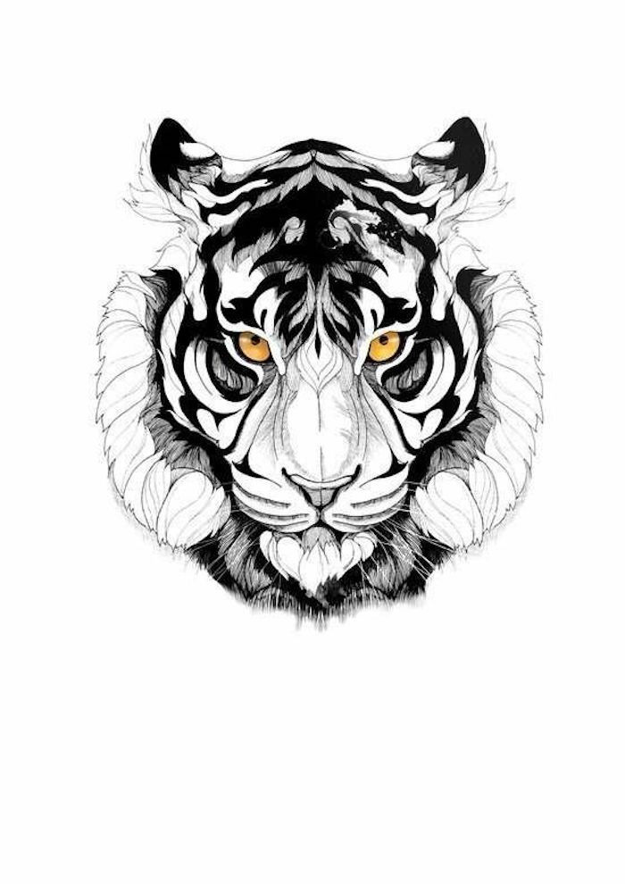 tatuaggio testa di tigre, occhi arancioni, disegno in bianco e nero