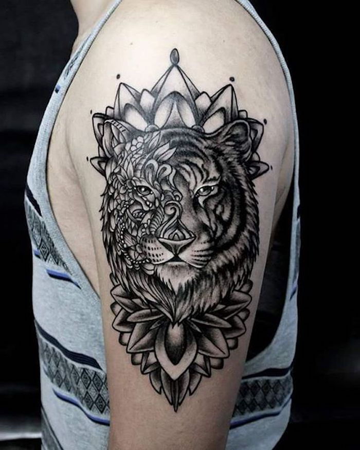 tiger tatueringar, krona, tiger huvud, man, tatuering övre arm