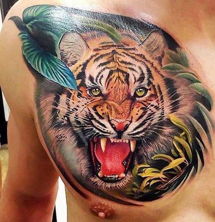 tatuaggio colorato, foglie verdi, tigre, testa di tigre