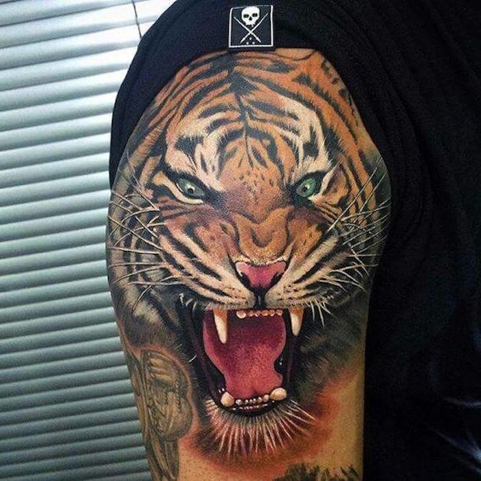 Tatuaggio con testa di tigre, braccio superiore, tatuaggio colorato sul braccio, t-shirt nera