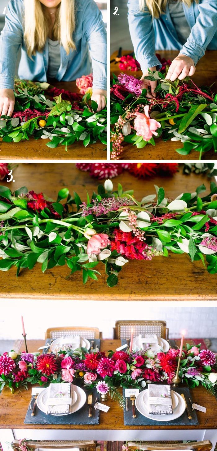 dekoratívny stôl, veniec jarných kvetov a zelených konárov, dekorácie na jar, party dekorácie