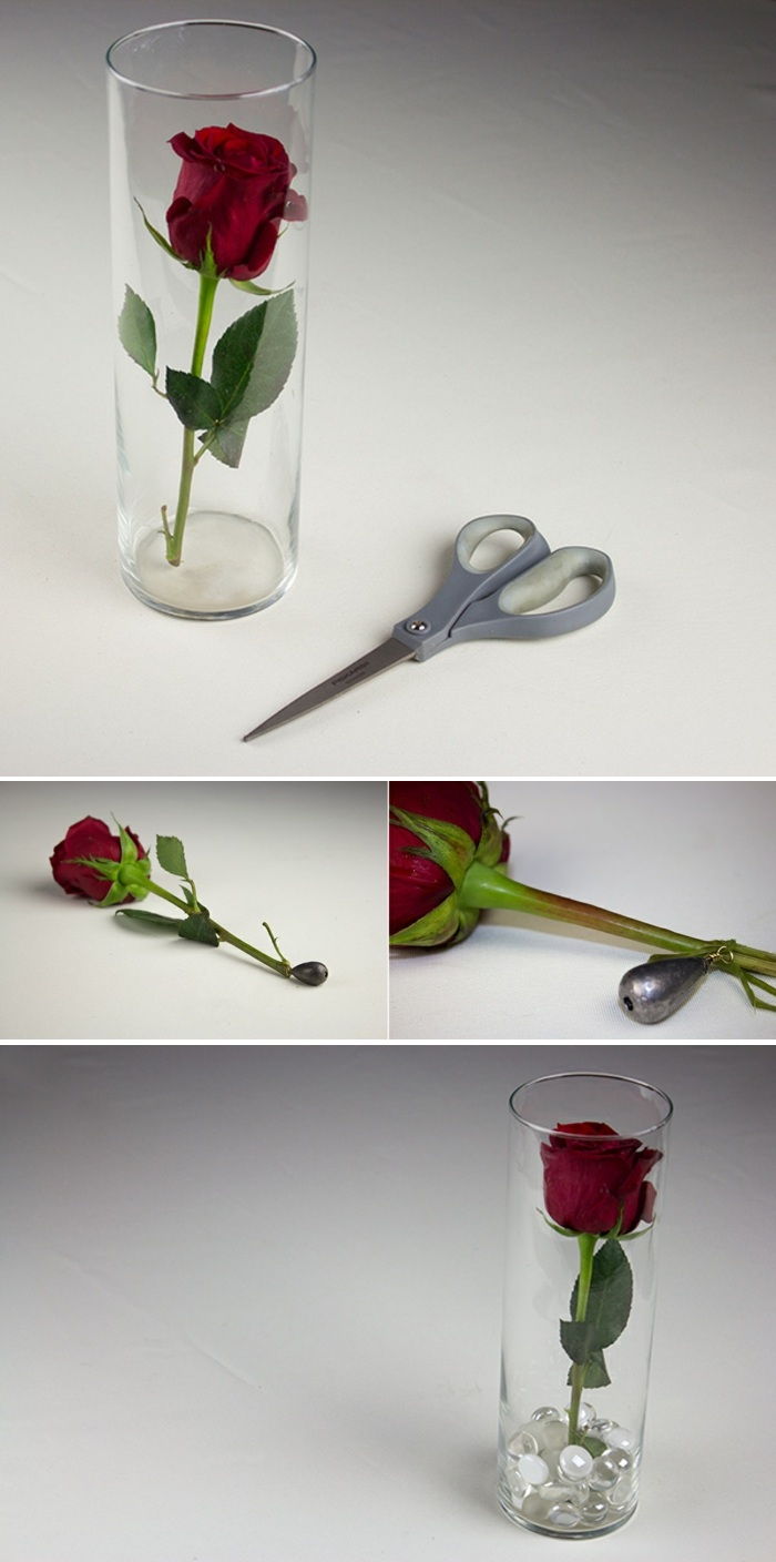 Naredite plavajočo svečo, stekleno vazo, škarje, vrtnico, bisere, vodo