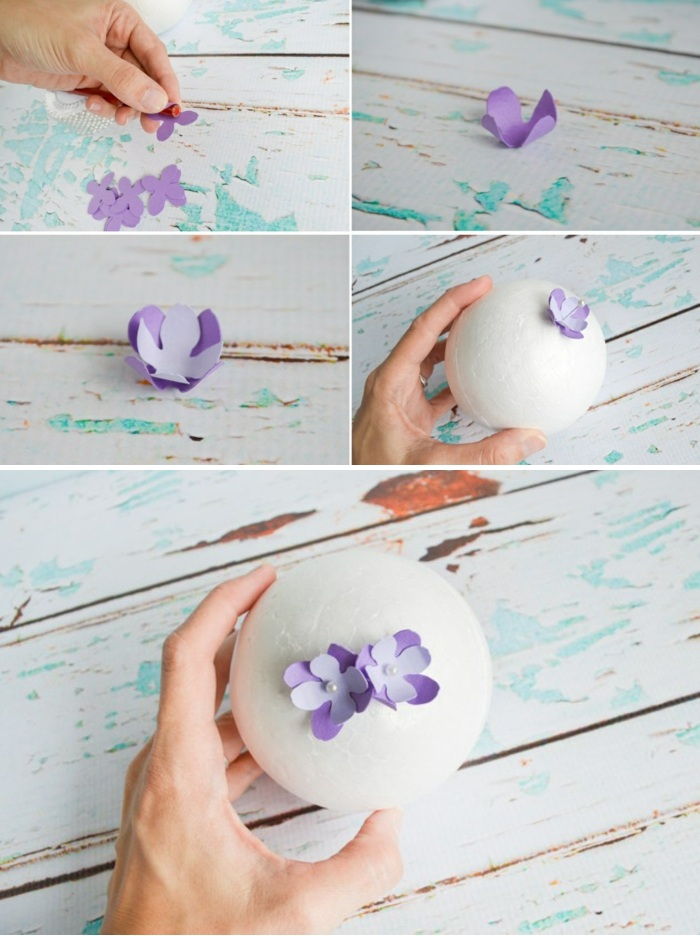 polystyrénová guľa, malé kvety fialového papiera, kolíky