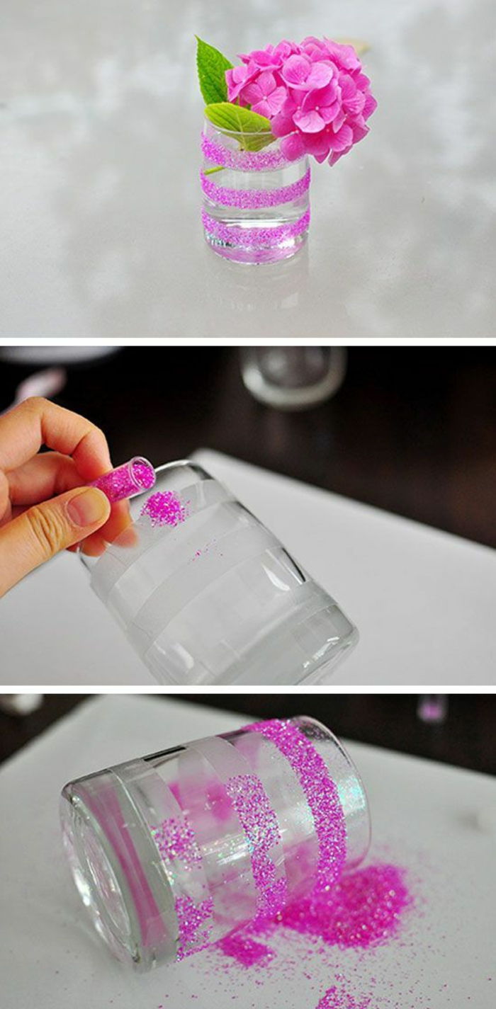 steklena vaza z roza bleščicami okrasite, hydrangea, diy vaza