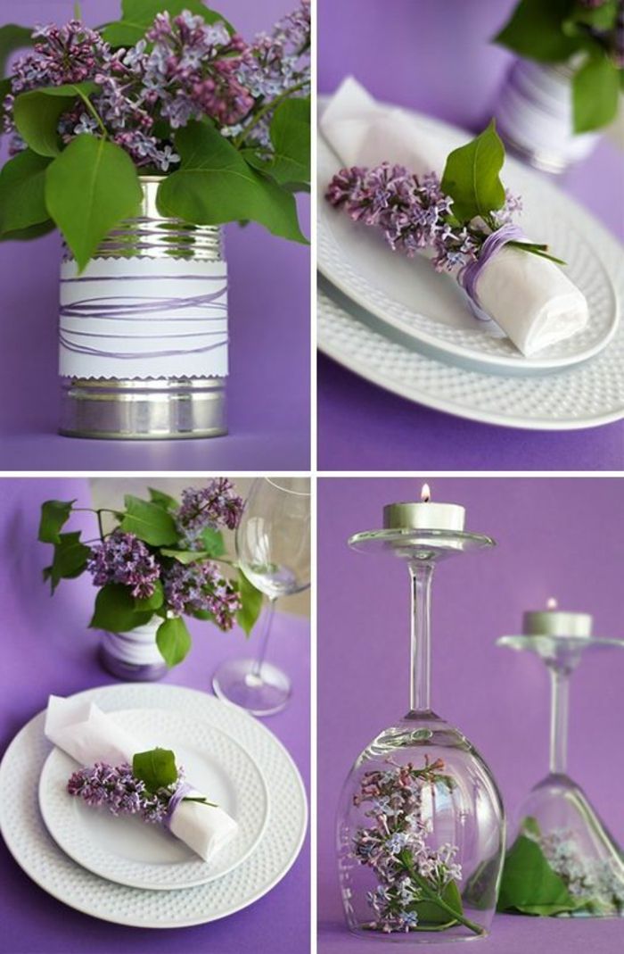 partyeko v vijolično, posode, cvetlični prstan, vinska očala, nosilec tealight