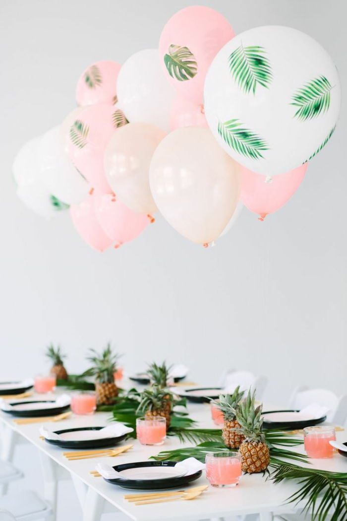 DIY party dekorácie, ananás, balóny so zelenými listami, dekorácie letnej party